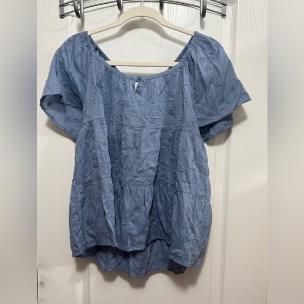 Old Navy Tiered Embroidered Tie-Back Top women’s M blouse Baby Blue boho peasant